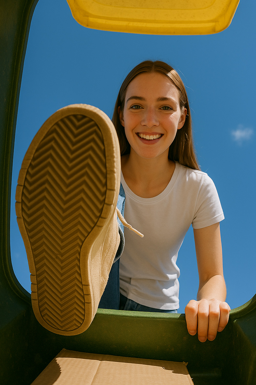 Woman climbing into a bin with shoes to press it down