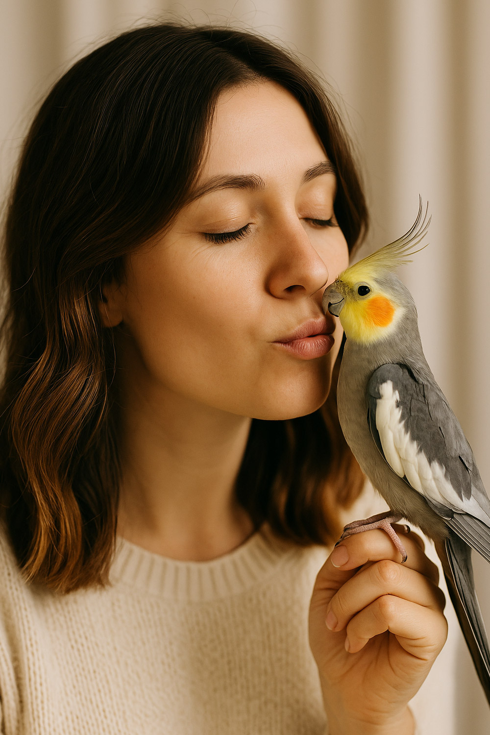 Woman saying hello to her pet bird