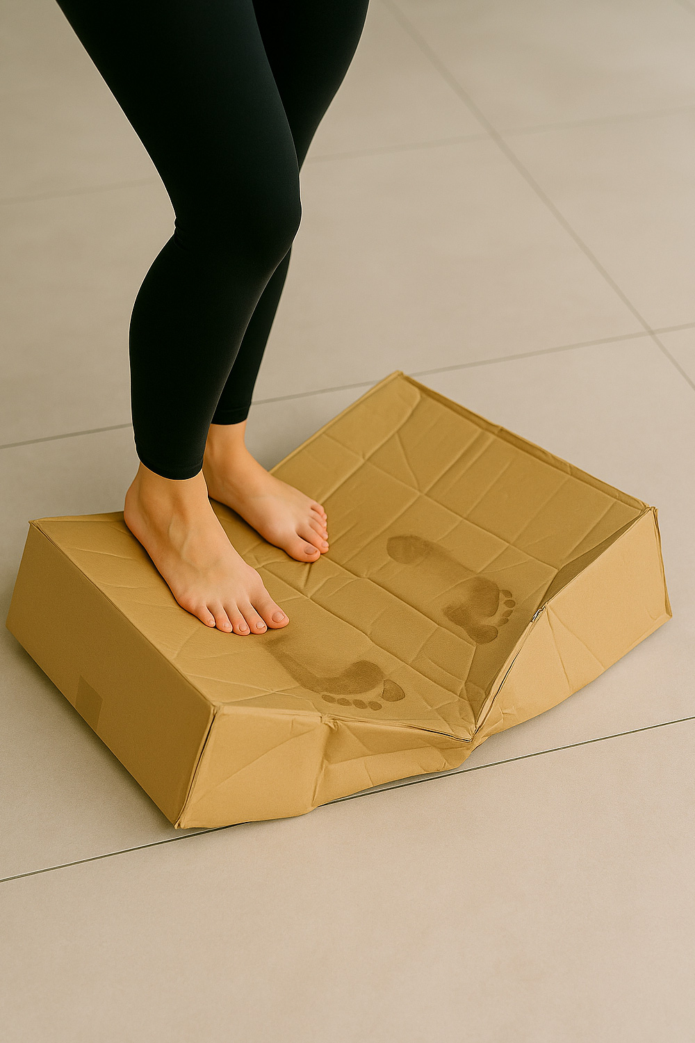 Crushing a box with bare feet for recycling