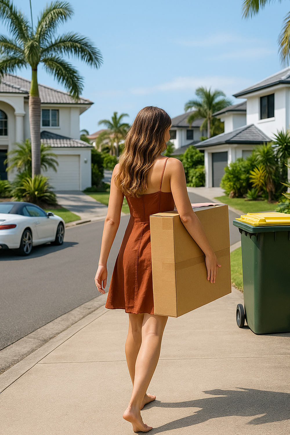 Woman preparing to tread down and recycle a large cardboard box