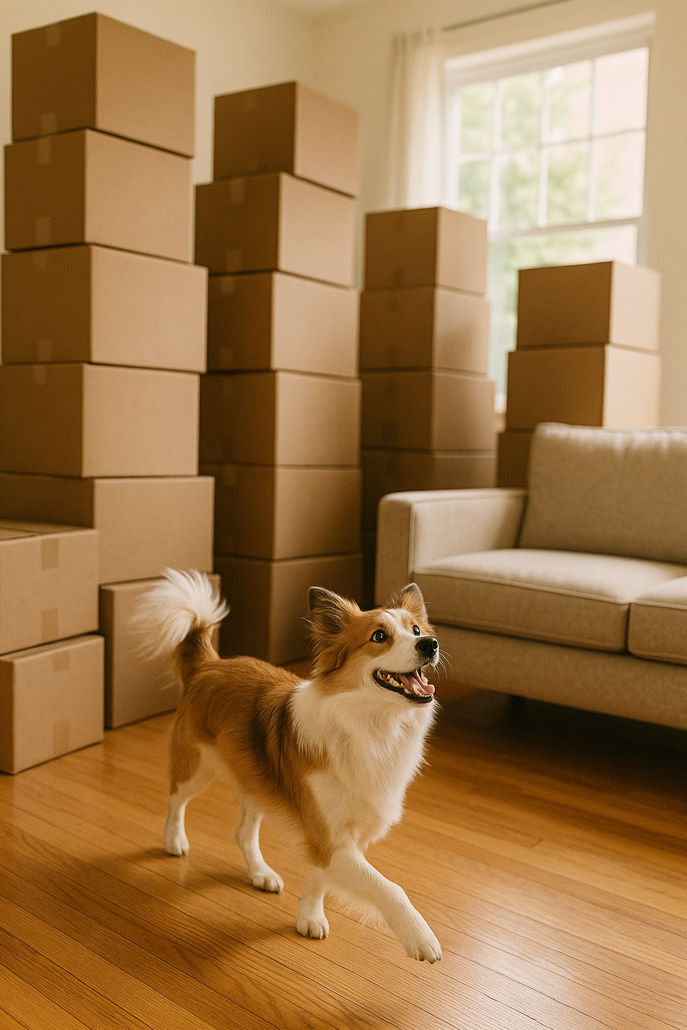 Dog walking through living room on moving day