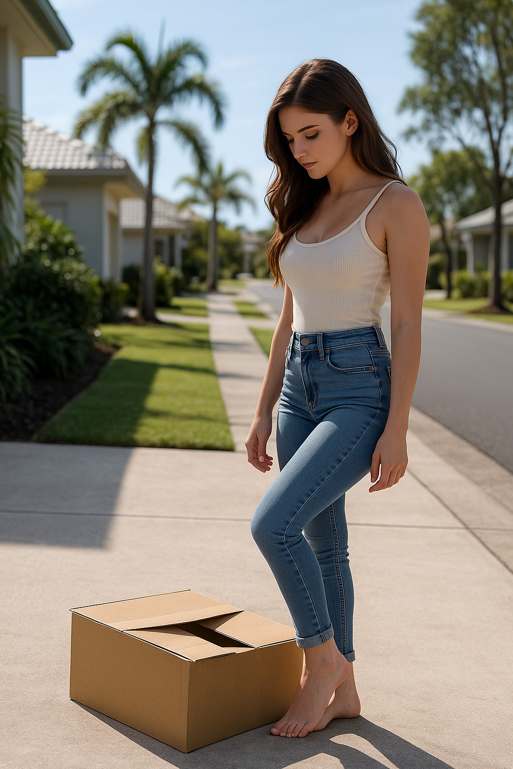 Woman evaluating how she will destroy a box for recycling