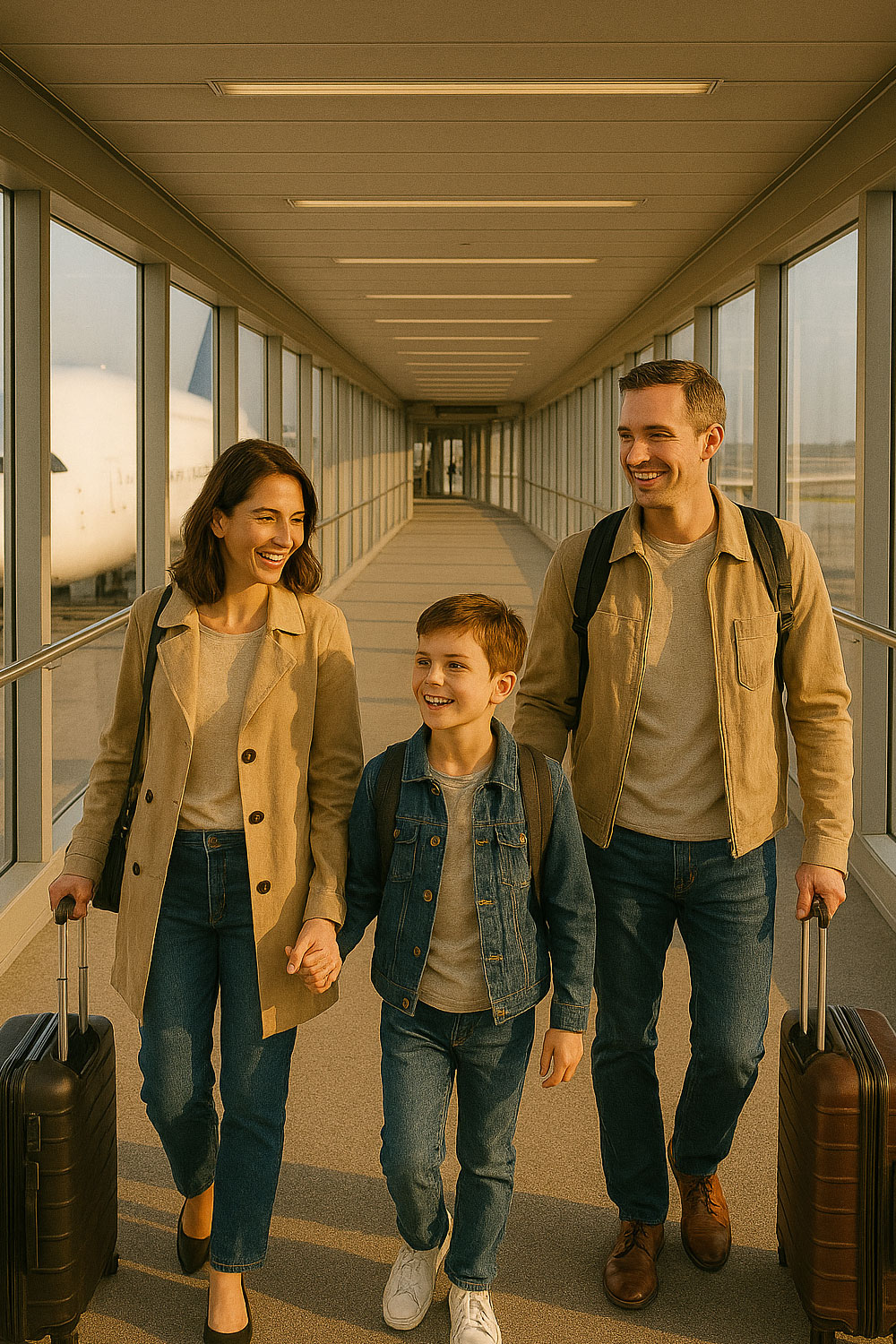 Family arriving home off a plane