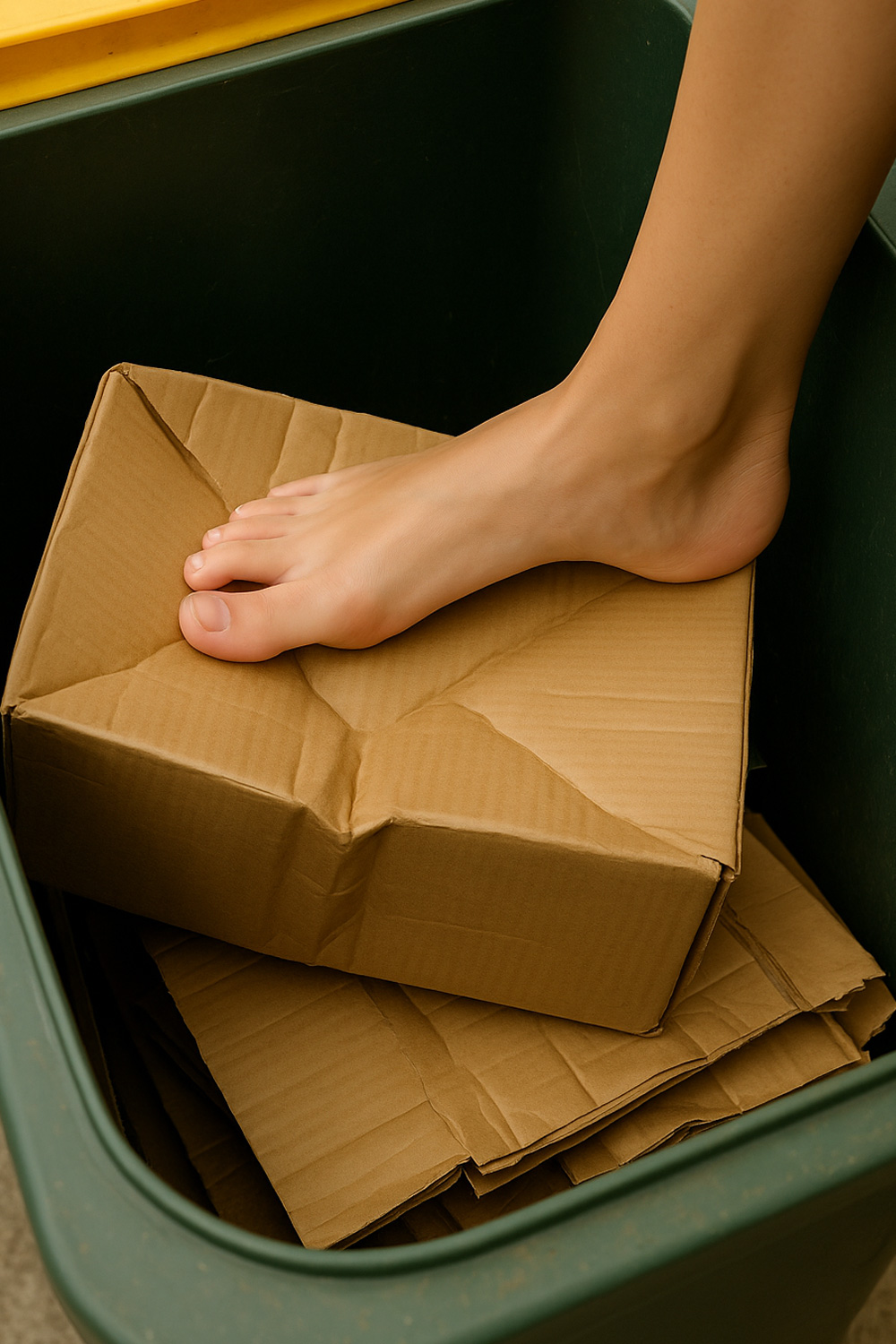 Woman destroying a box with her bare feet so she can dispose of it