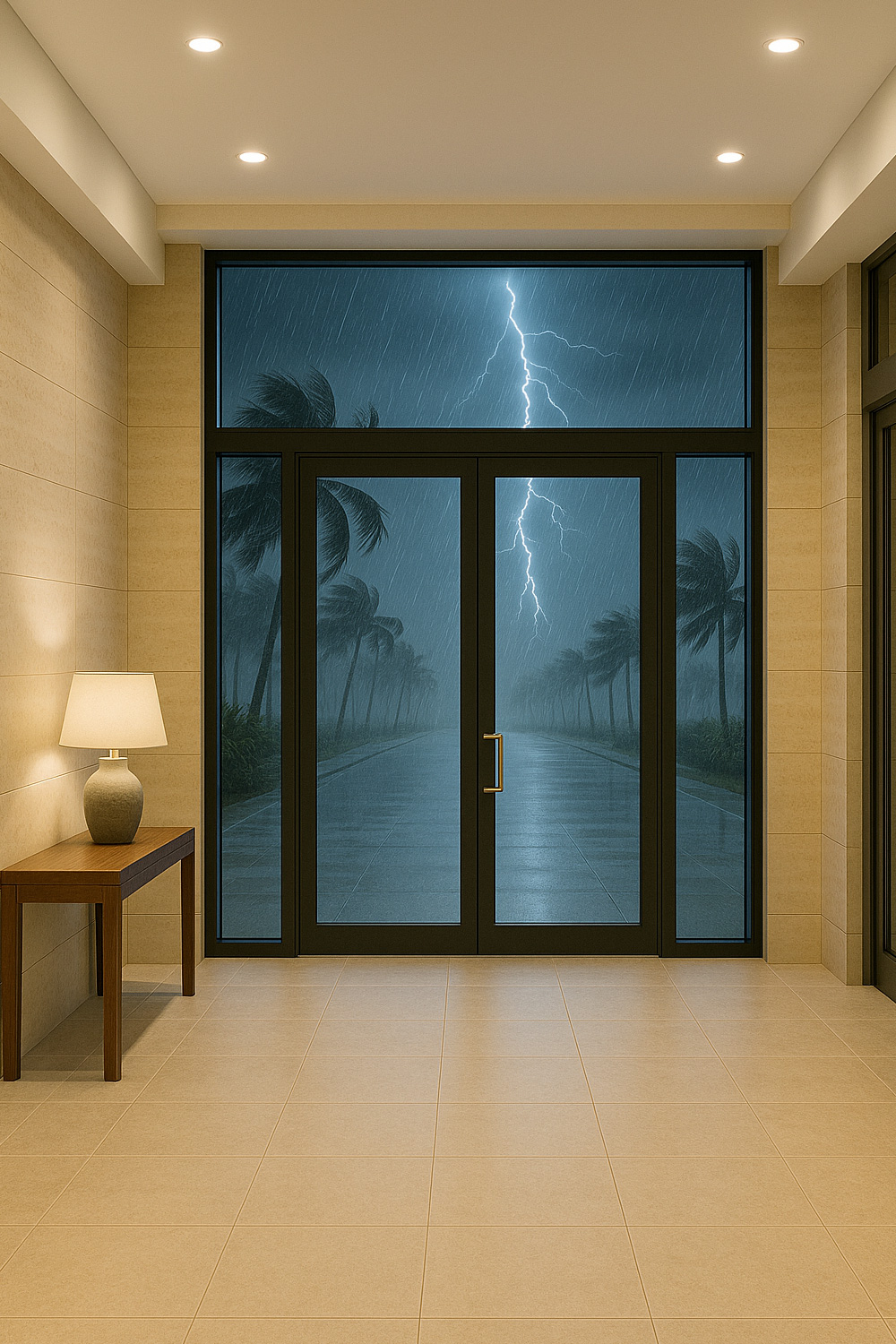 Looking outside from a building foyer during a storm