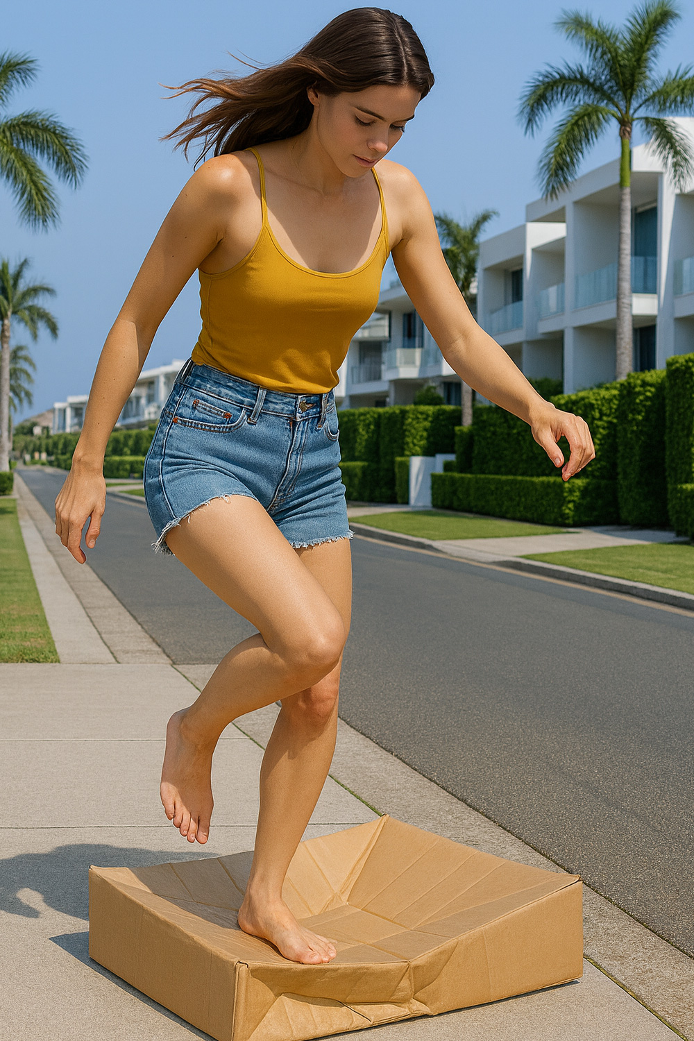 Woman crushing a box barefoot for recycling