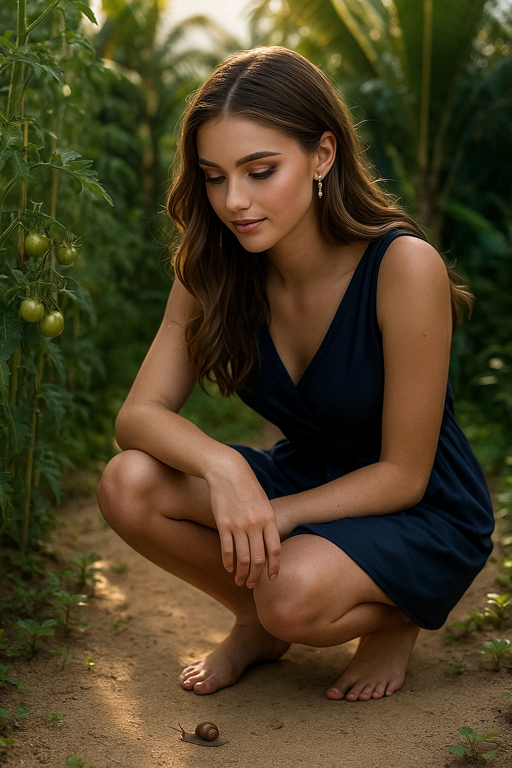 Woman in her vegetable garden with a snail