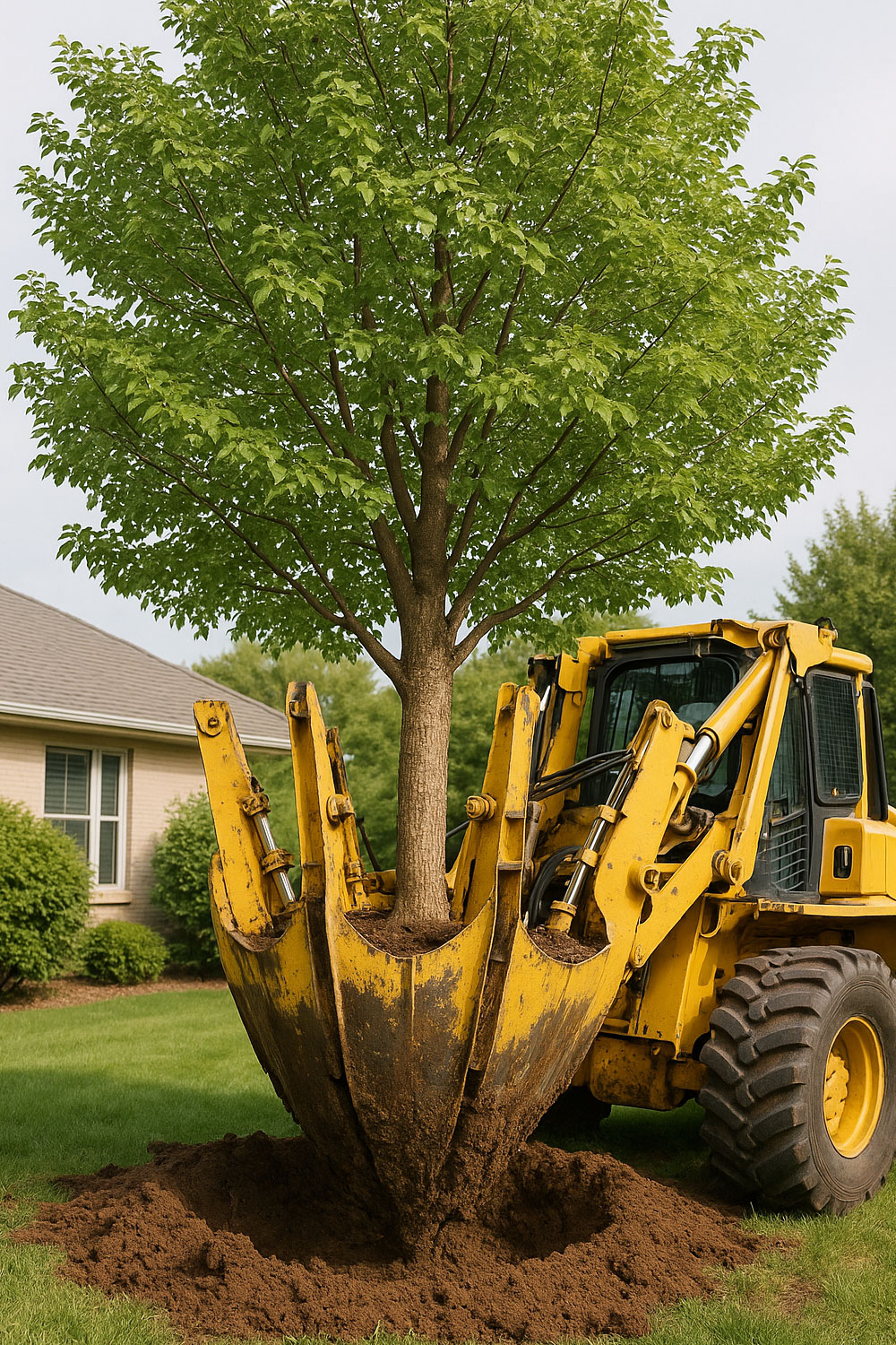 Hydraulic tree spade in action relocating a large tree