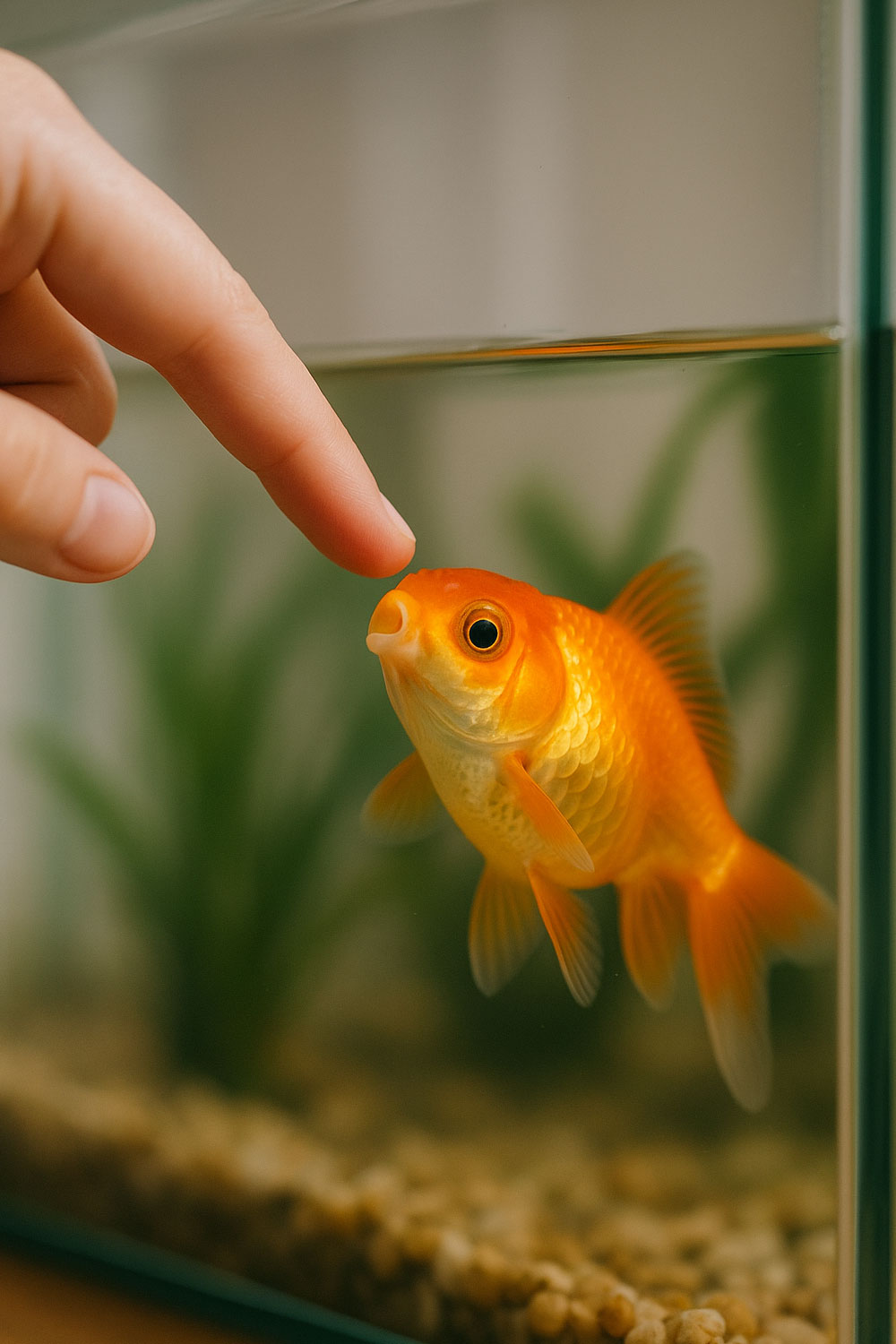 Owner saying hello to pet fish
