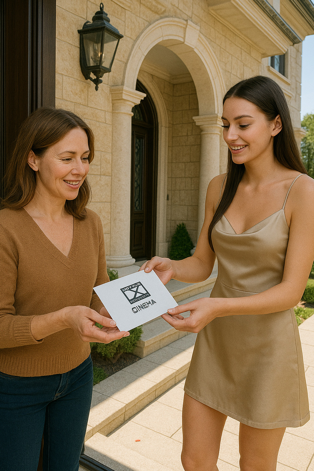 Woman giving her neighbour movie tickets before a party