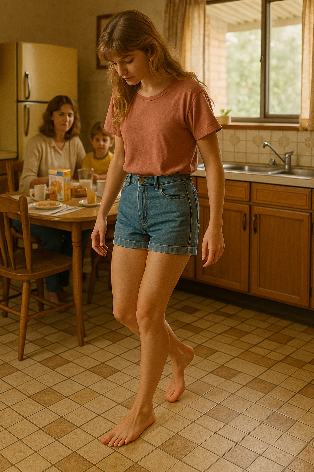 1970s history - Young woman stepping on a pest in her kitchen