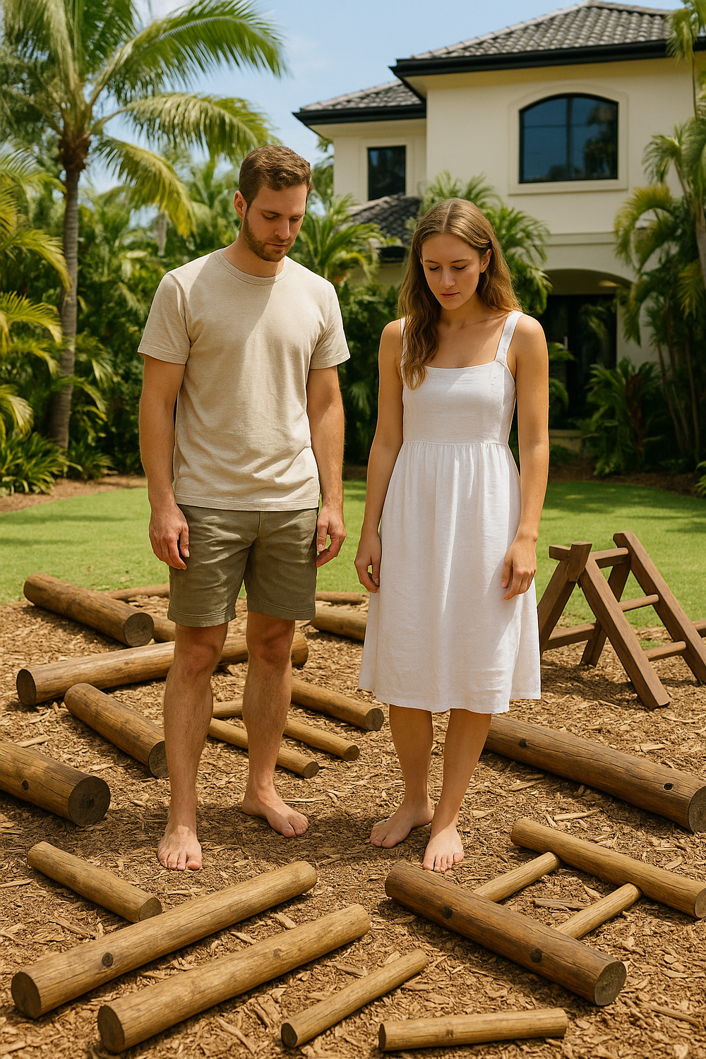 A couple looking at dismantled playground pieces