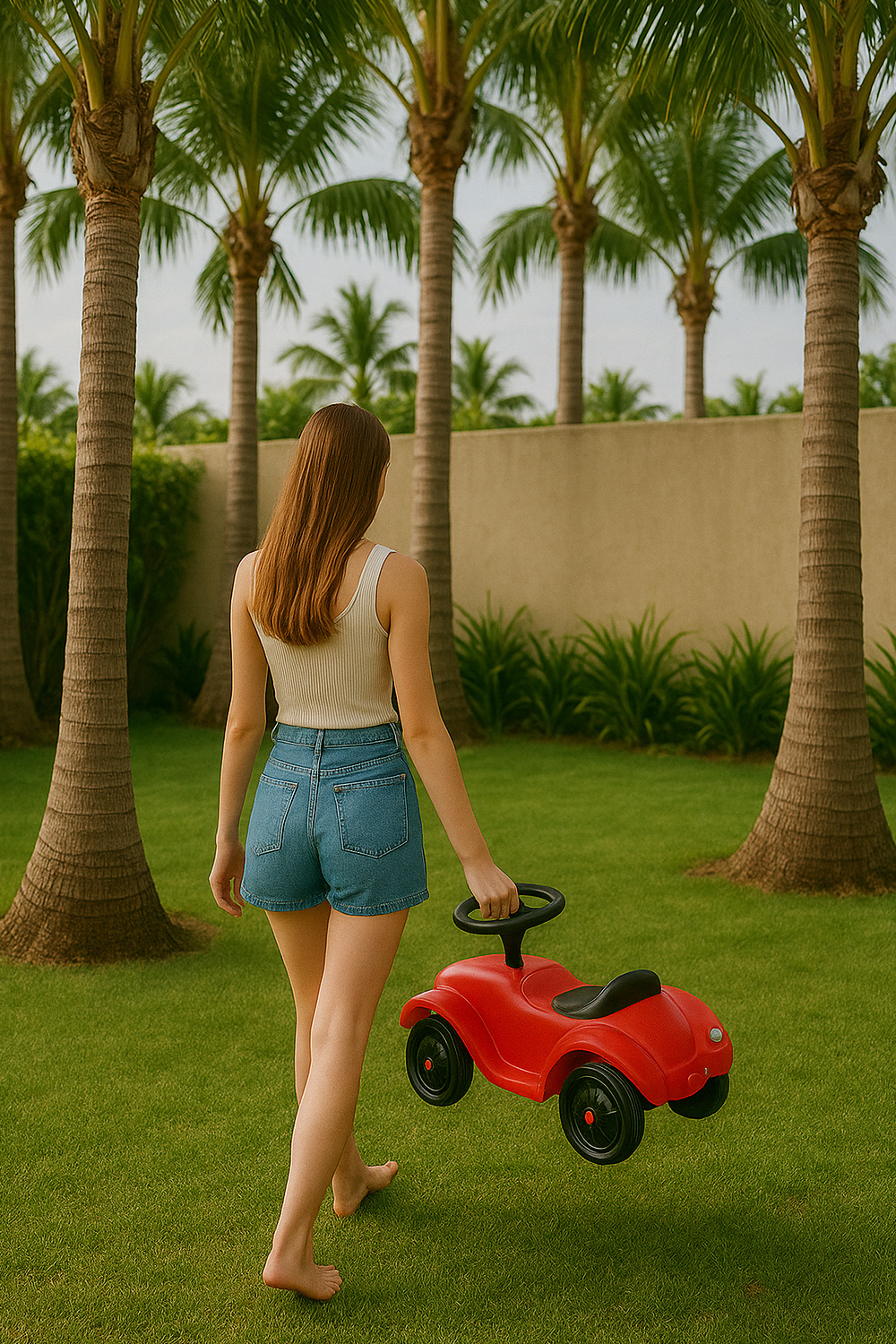 Woman carrying broken ride-on toy away for disposal