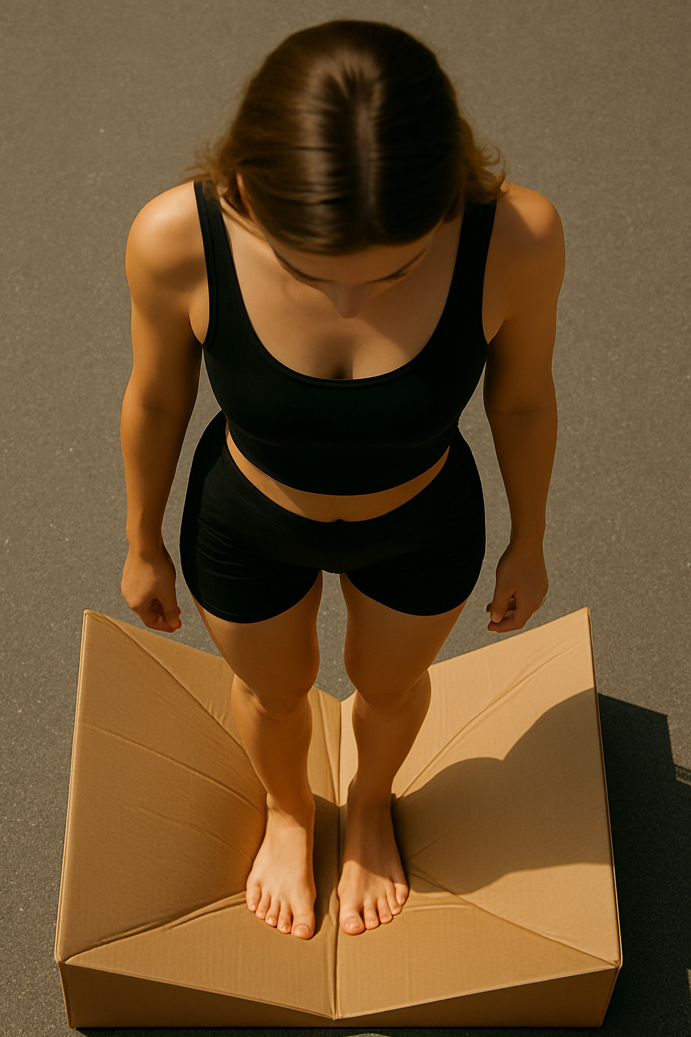 Woman crushing a box with her bare feet for recycling