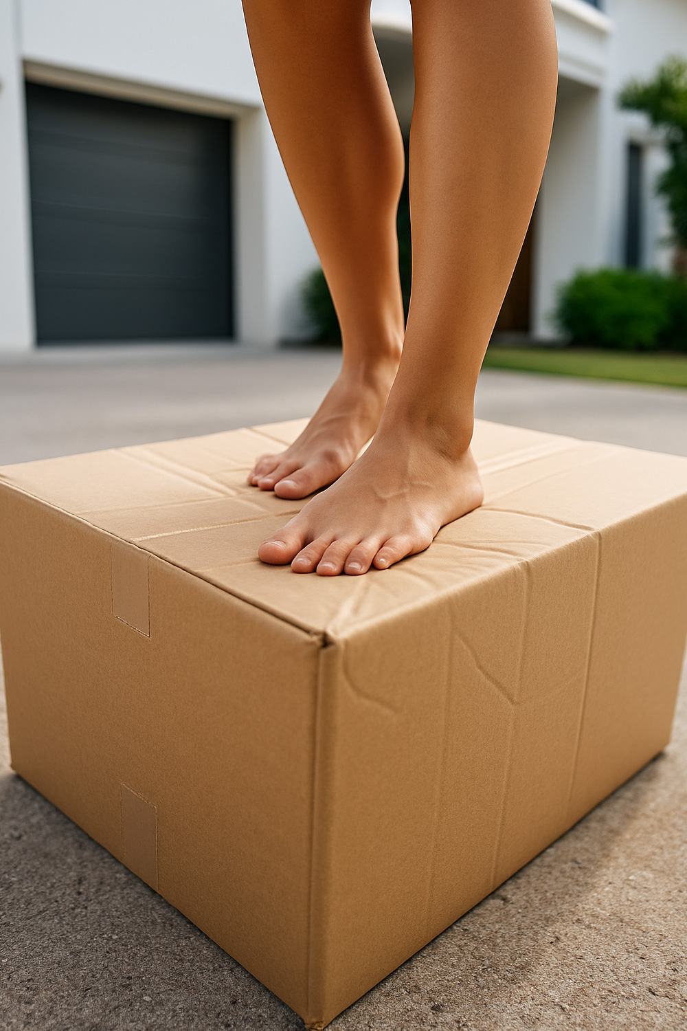 Woman starting to crush a box for recycling with her bare feet