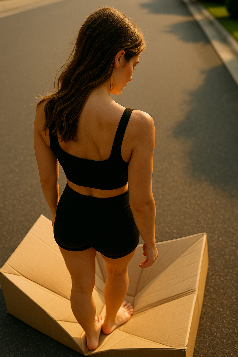Woman crushing a cardboard box for recycling
