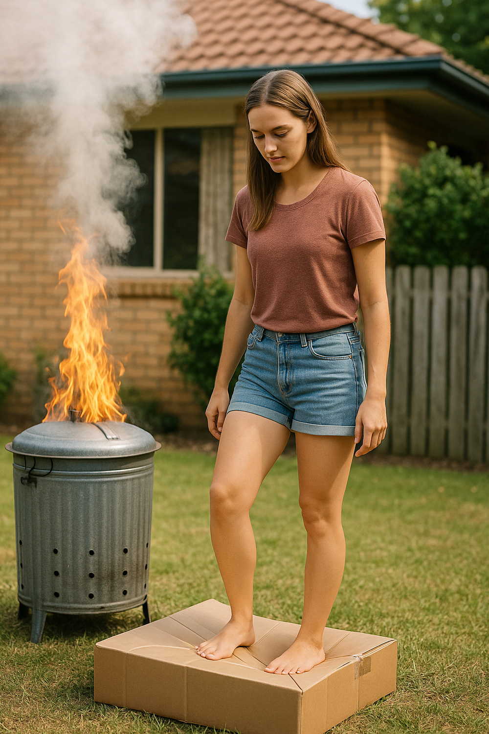 1980s history - Woman treading down a box for the incinerator