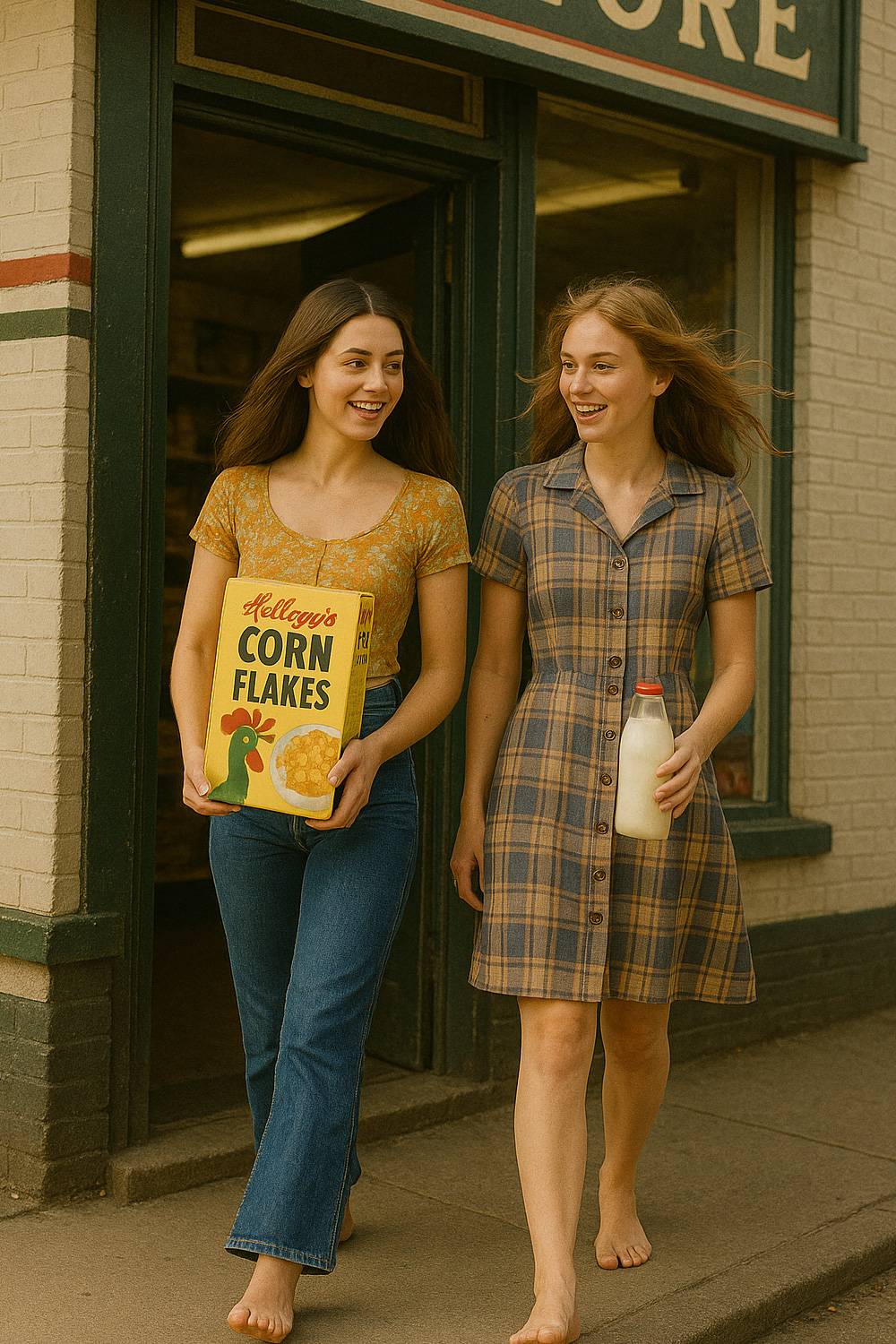 Sisters walking out of a corner store with 1980s products
