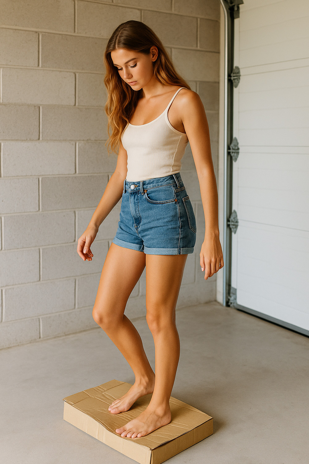 Woman crushing a box with her bare feet for quick disposal