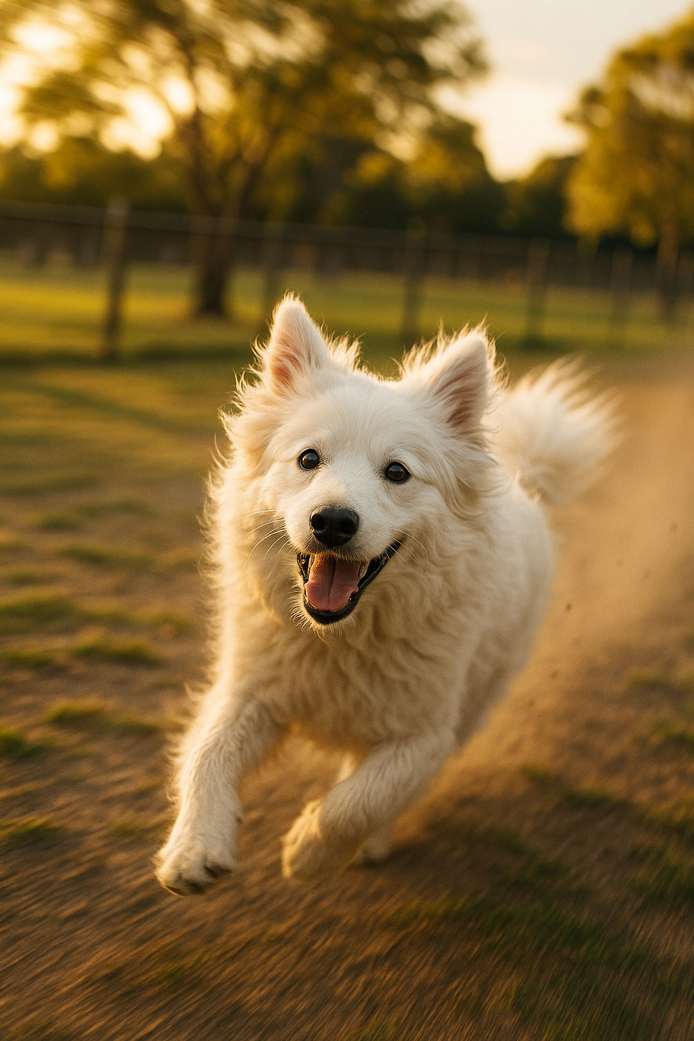 Dog happily running in dog park