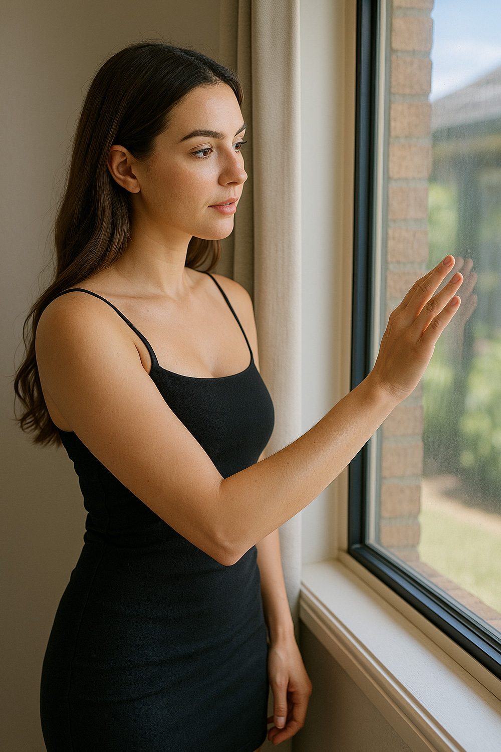 Woman checking the security film on her window