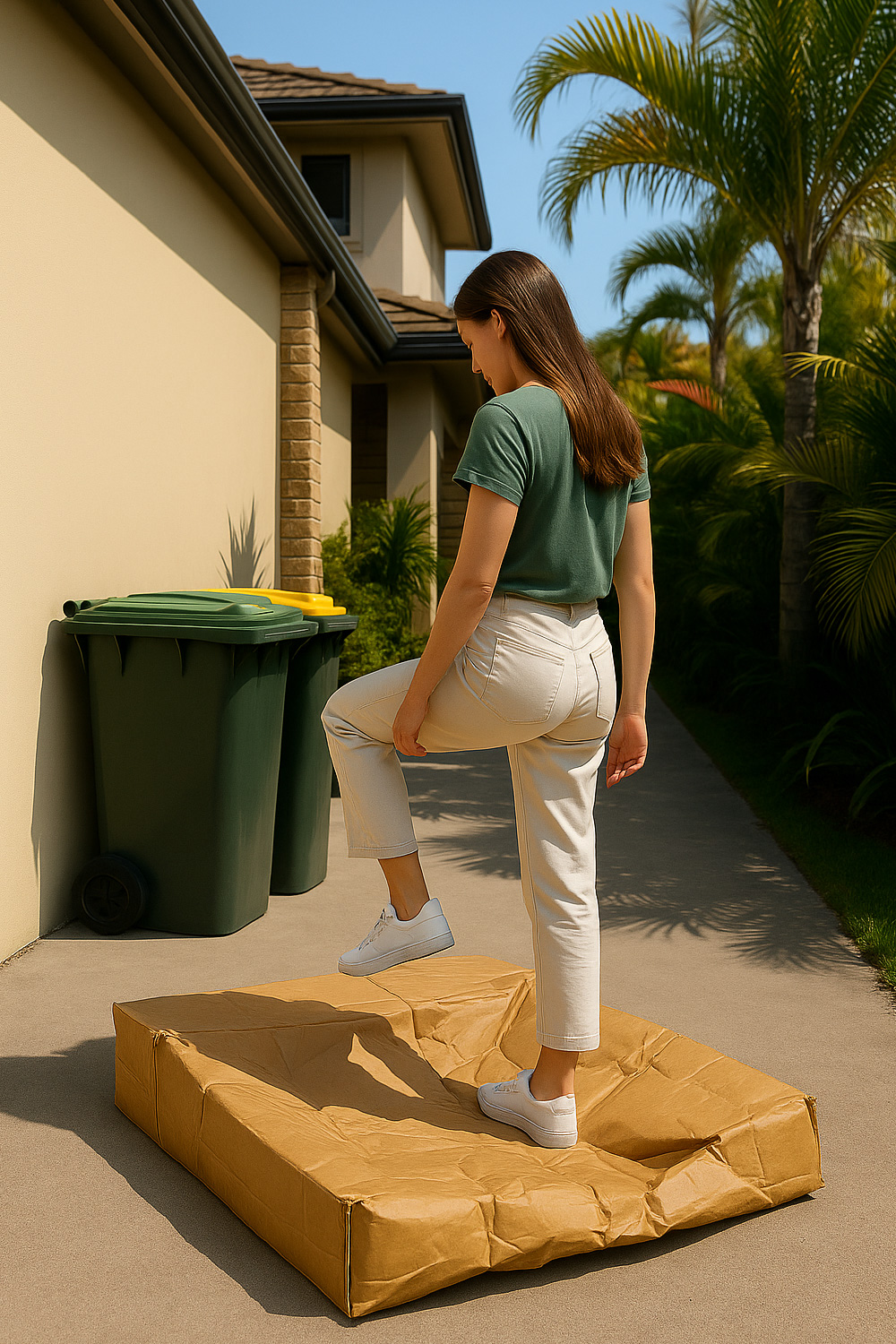 Woman stomping a box flat with her feet for disposal