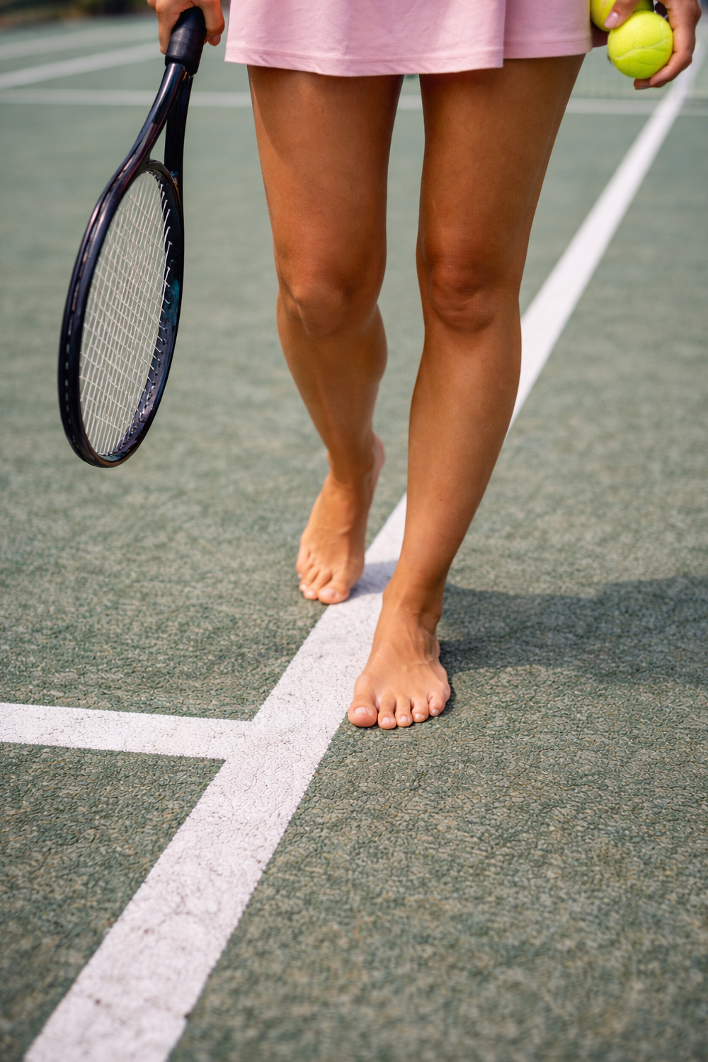Woman enjoying a game of tennis barefoot