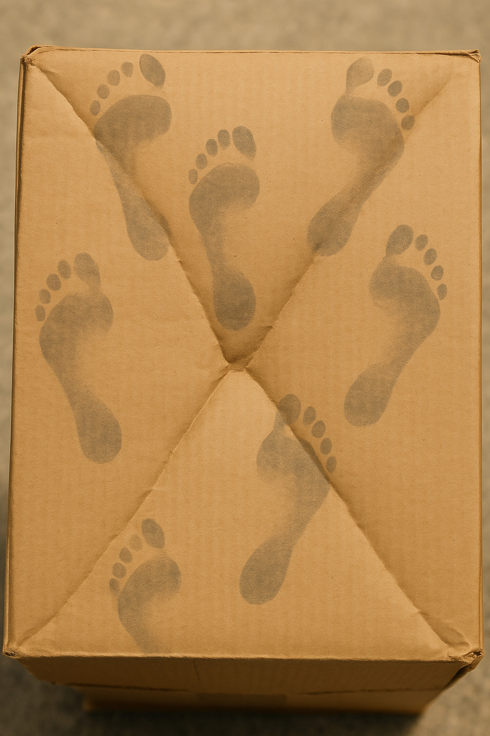 A tough box that someone has tried to crush showing her footprints all over it