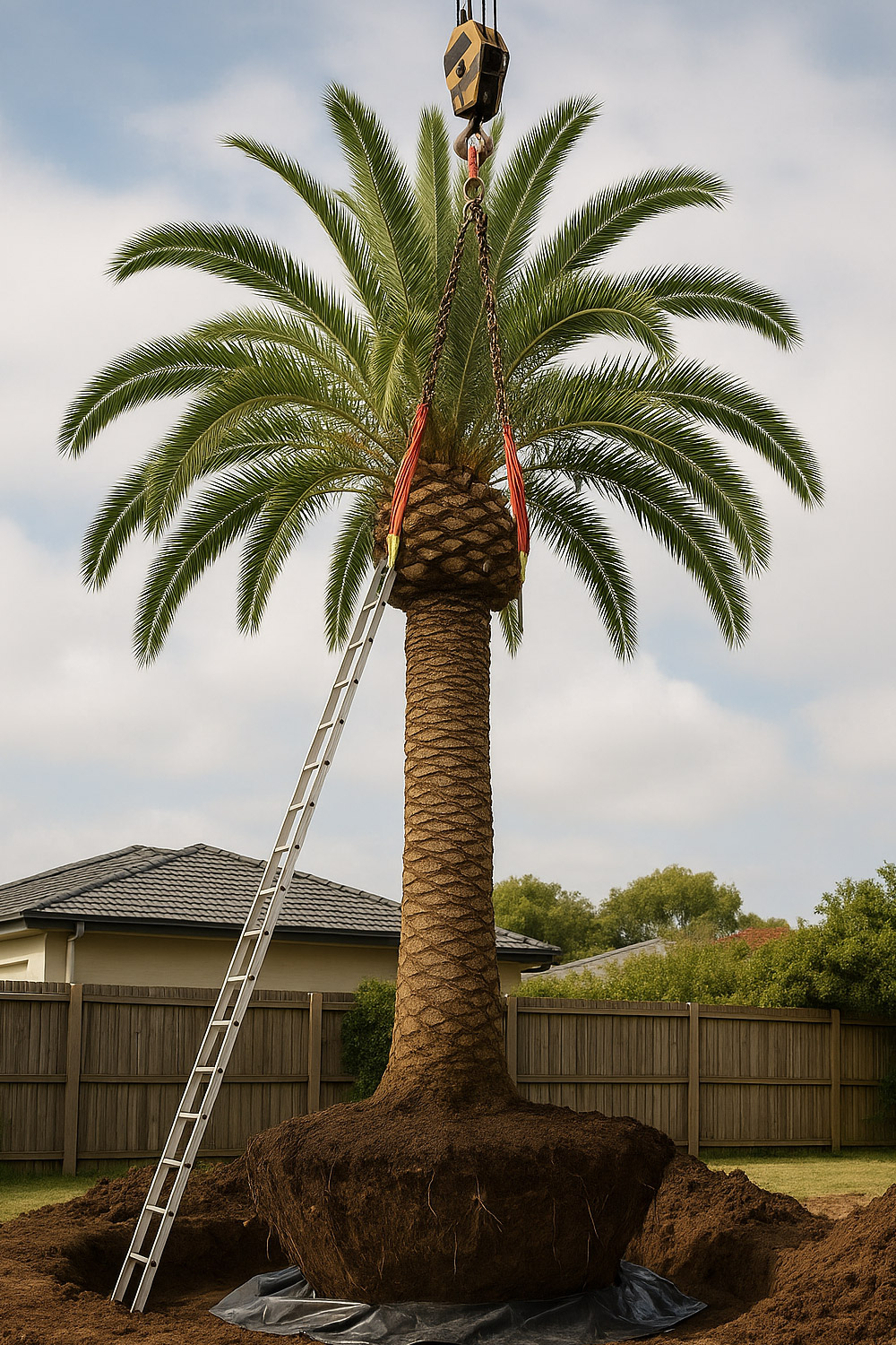 Large palm being transplanted with a crane