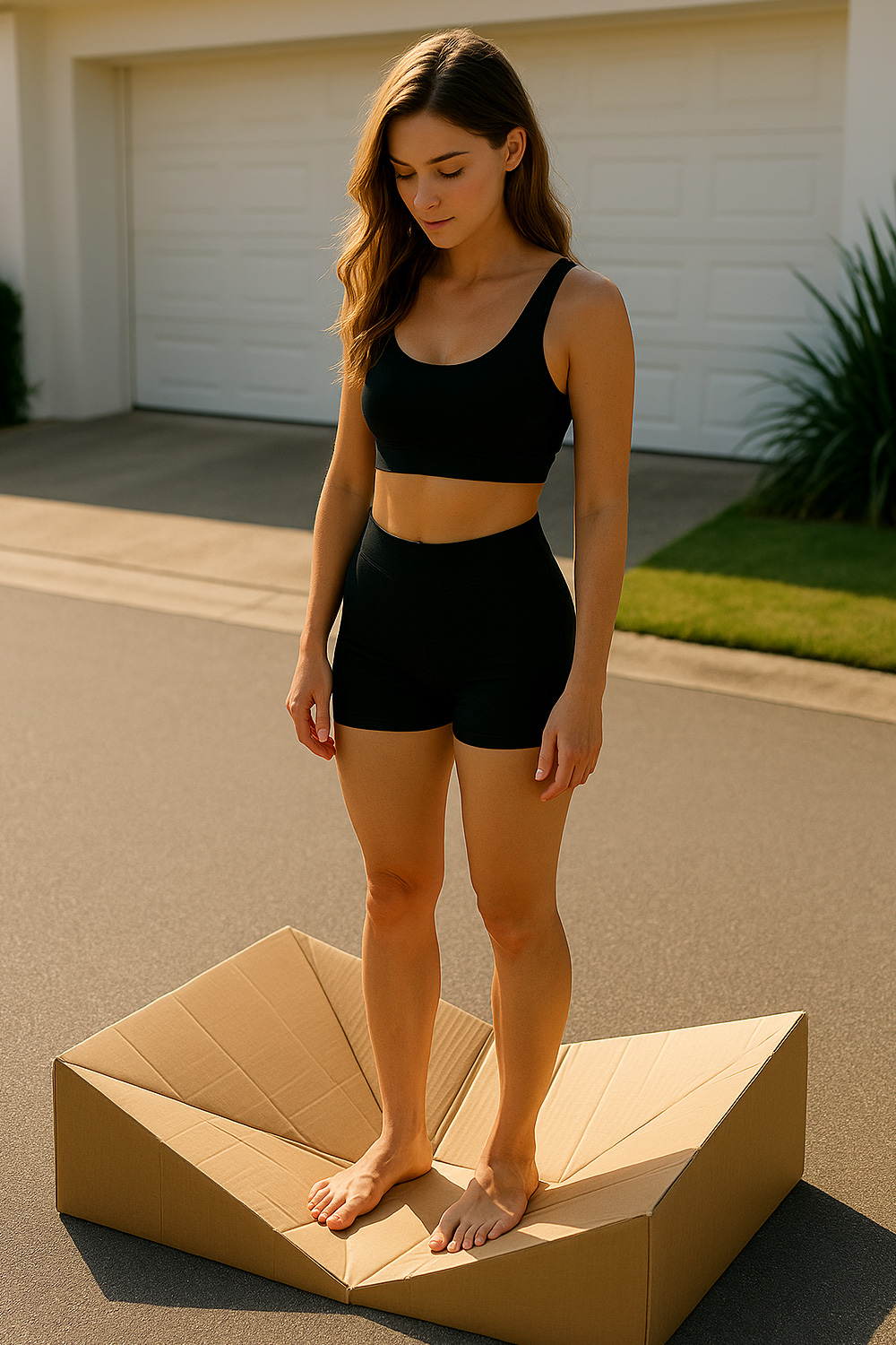 Woman crushing a box for recycling with her feet