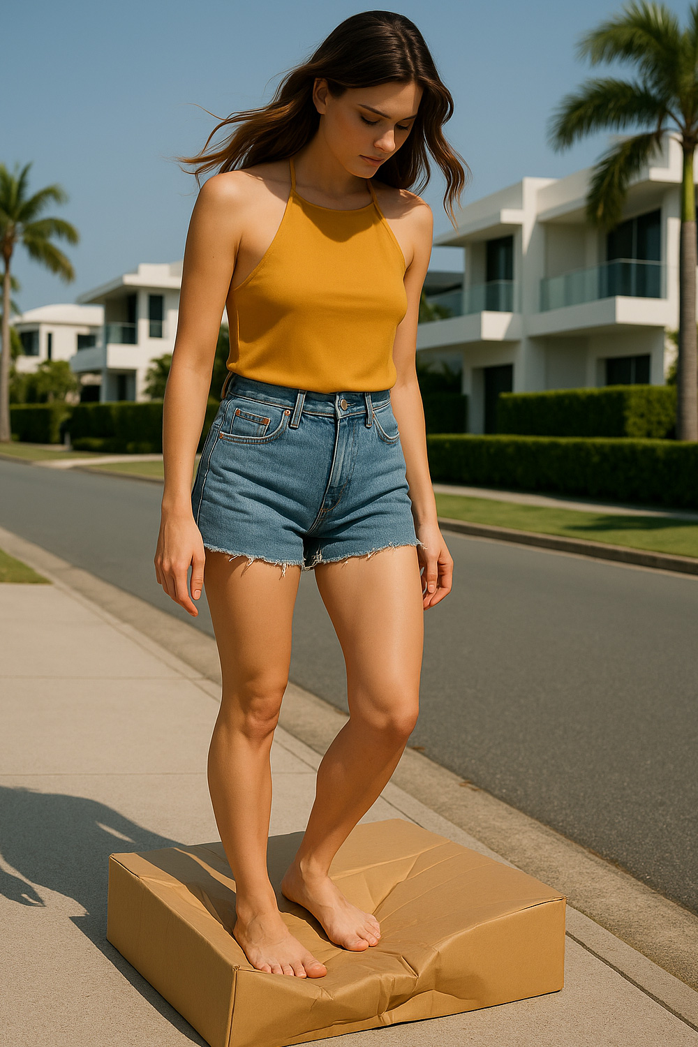 Woman crushing a box barefoot for recycling