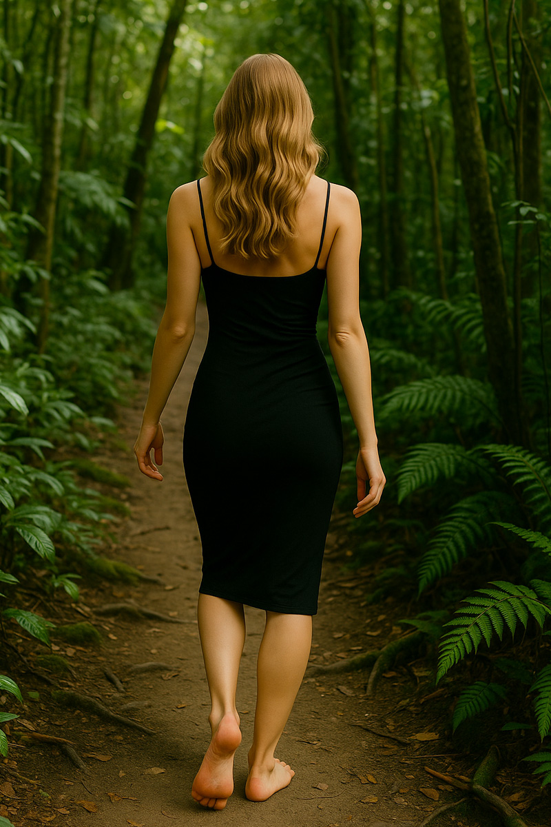 Woman walking barefoot through the rainforest