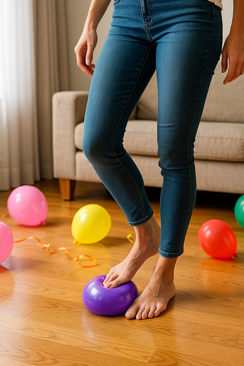 Woman pressing her toes straight down into a balloon