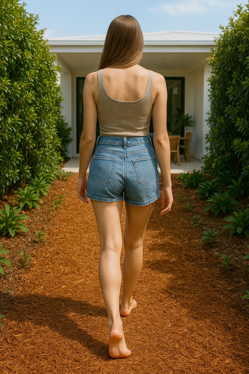 Woman walking barefoot on soft pine