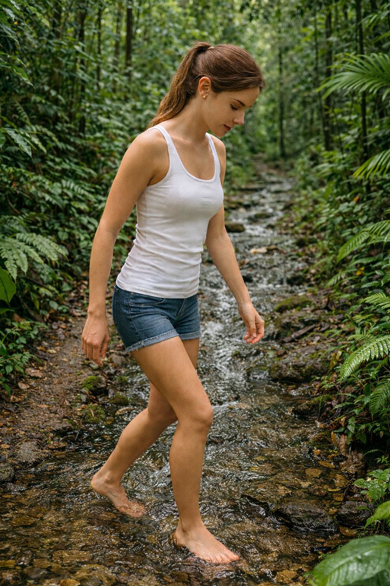 Woman walking through a rainforest stream