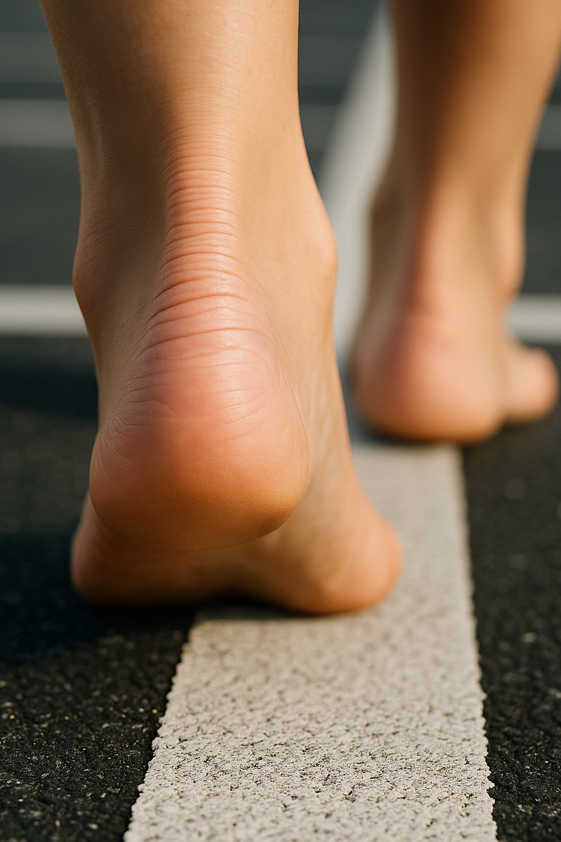 Woman walking along a white carpark line to keep her feet cool