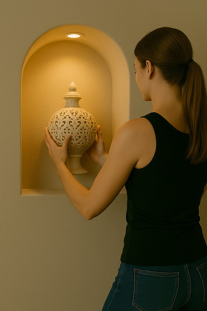Woman adding a vase to a bedroom
