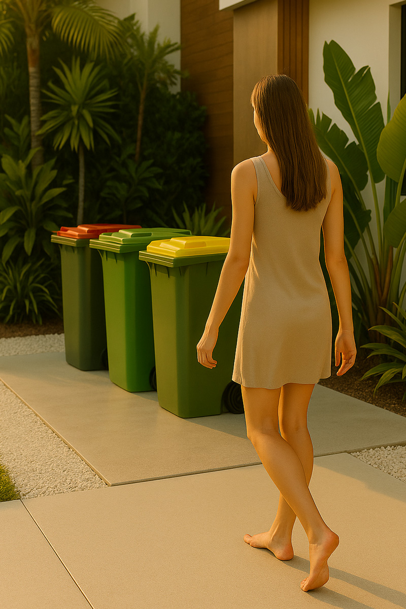 Woman walking past her bin area