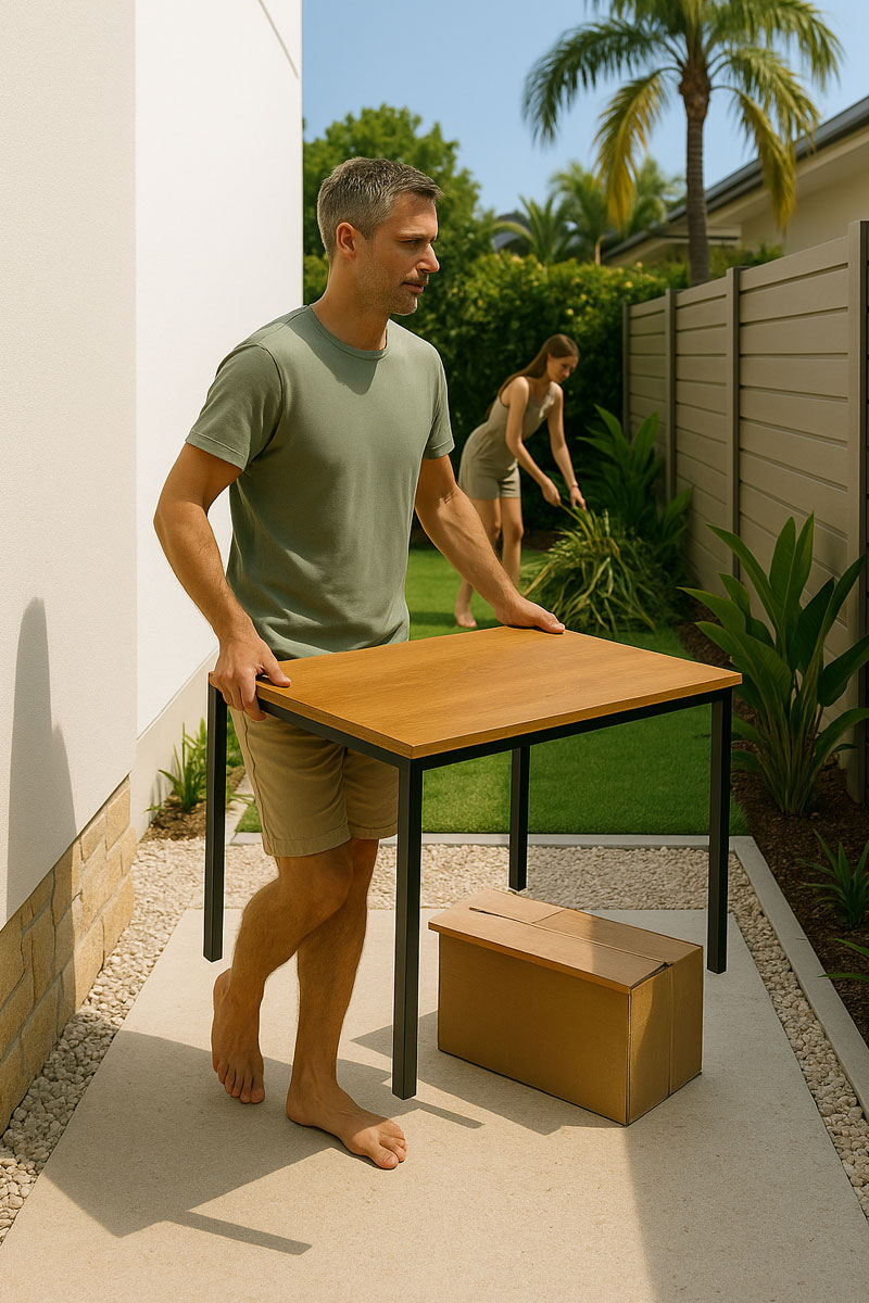 Man carrying old desk outside
