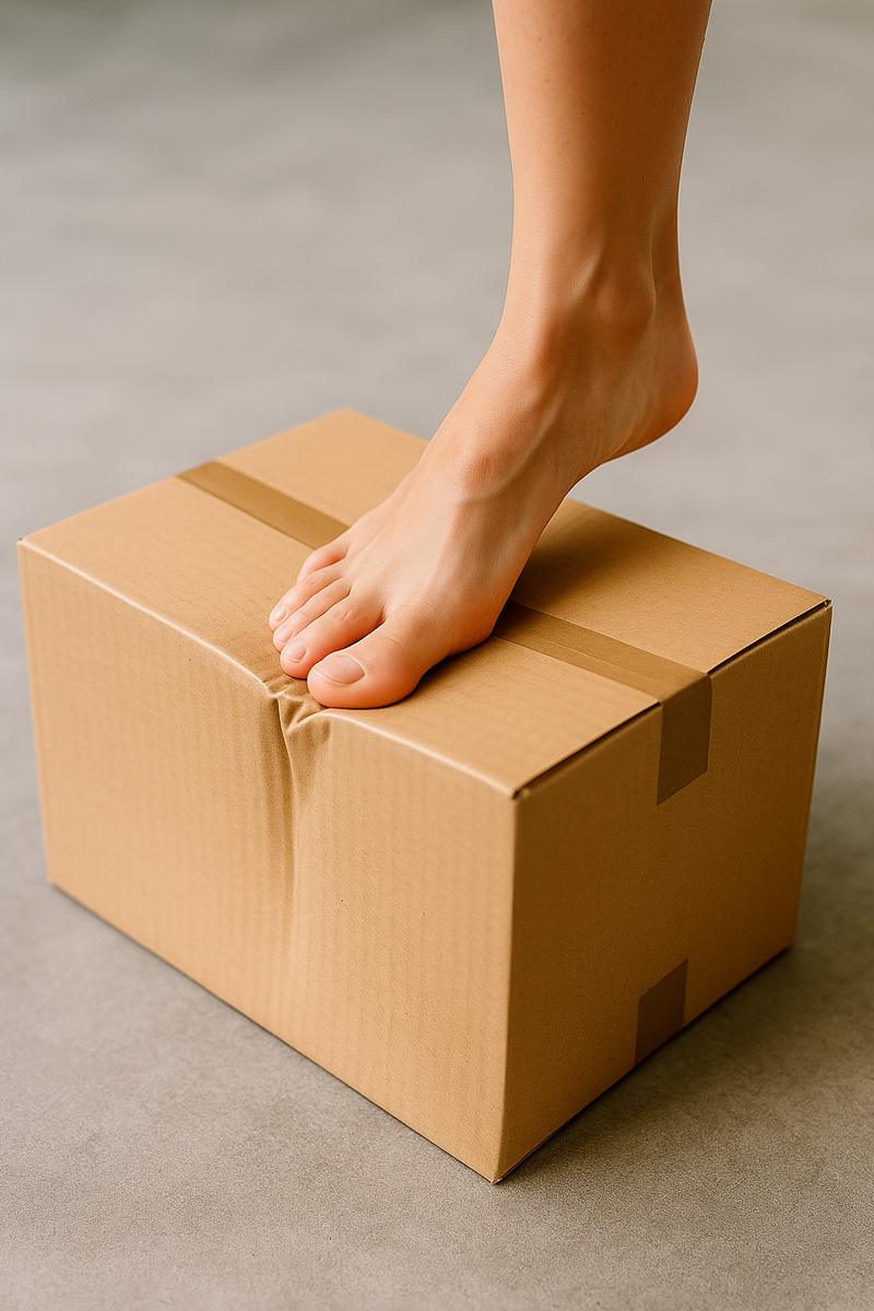 Woman recycling a cardboard box by crushing it with her feet