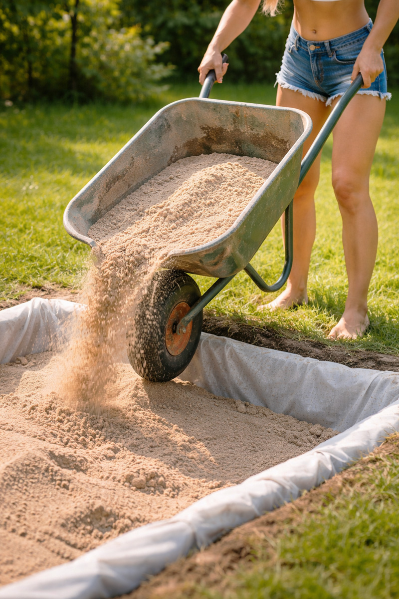 Sand being poured into a lined sandpit from a wheelbarrow