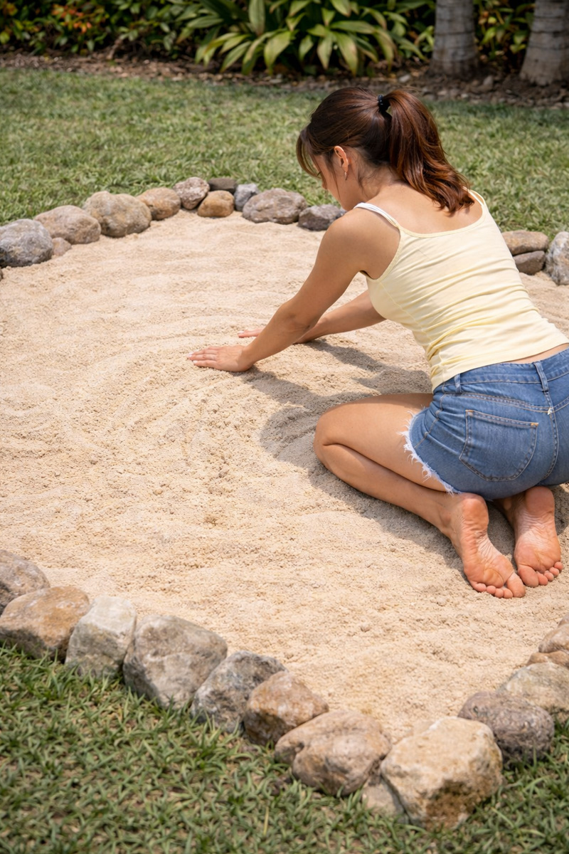 Finished sandpit with levelled sand and a stone border set flush with surrounding grass