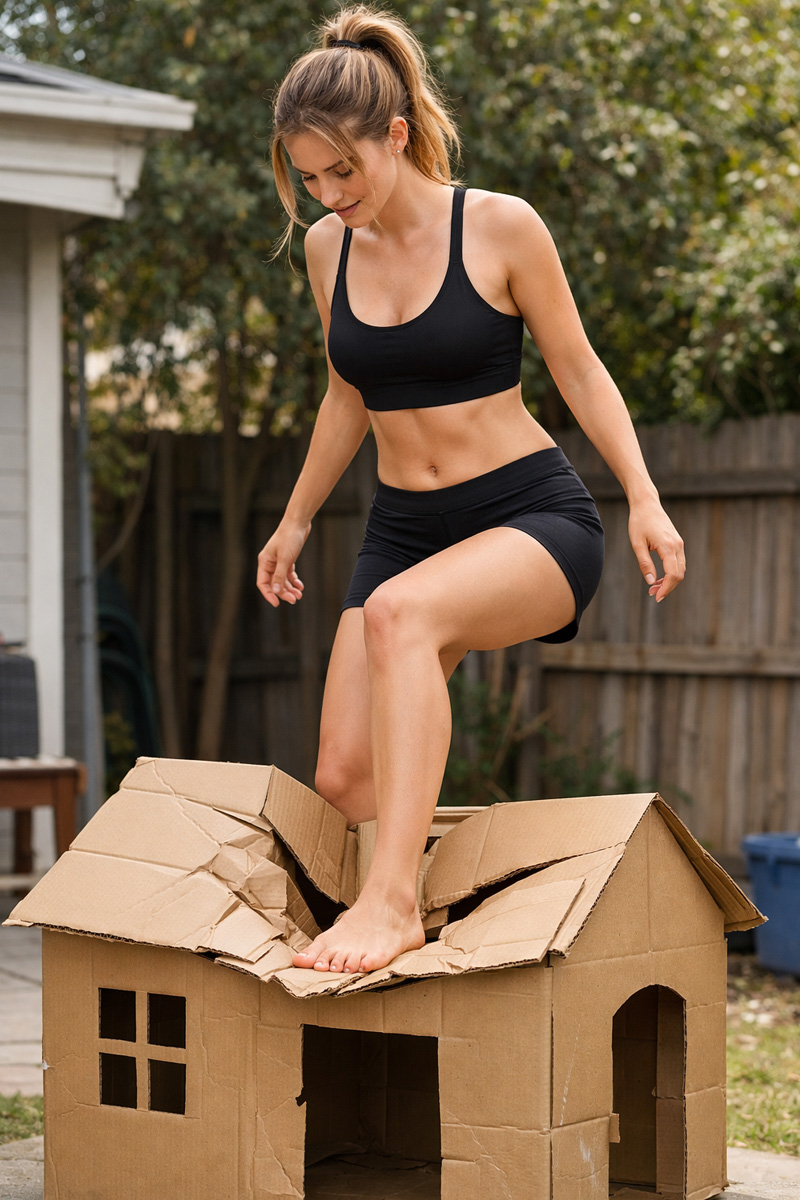 Person climbing onto a cardboard cubby house to begin flattening it