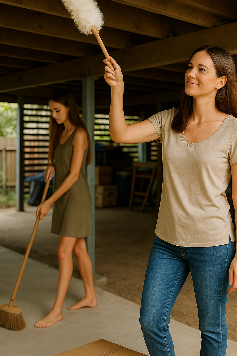 Family cleaning and sweeping under their house
