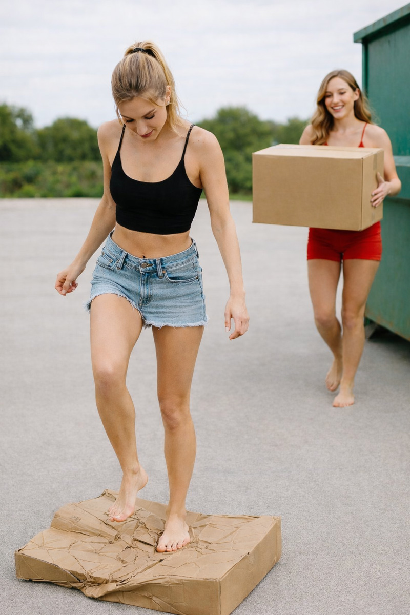 One person crushing and treading a partially collapsed box into a flatter pad
