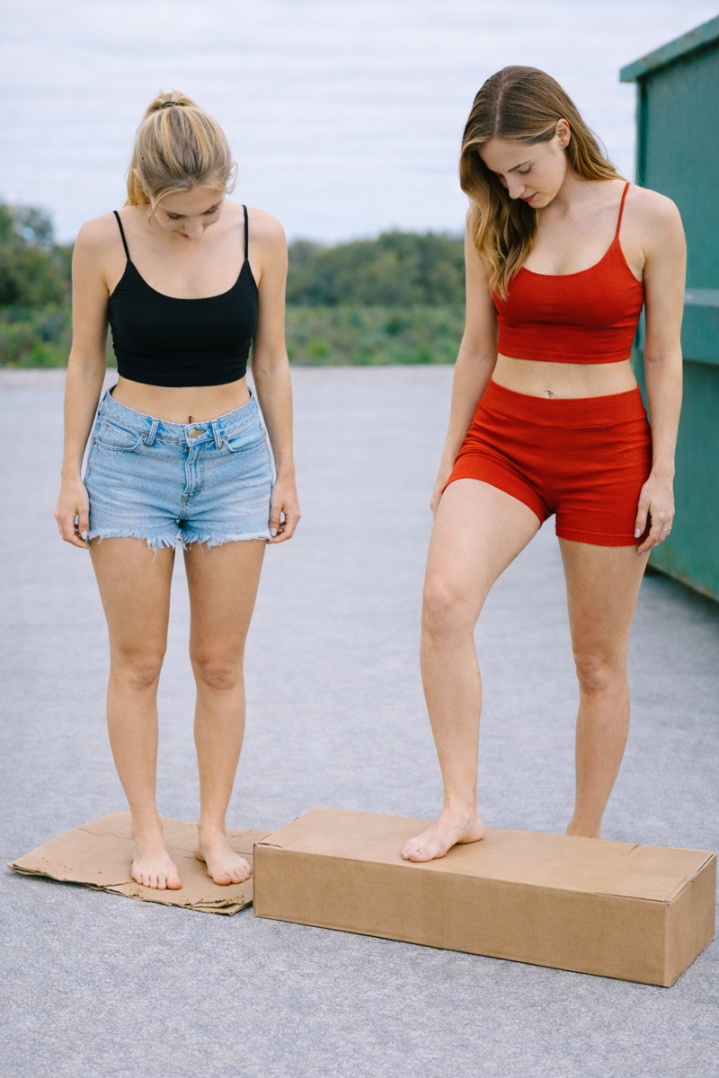 The second person placing their feet onto the next box to begin crushing it