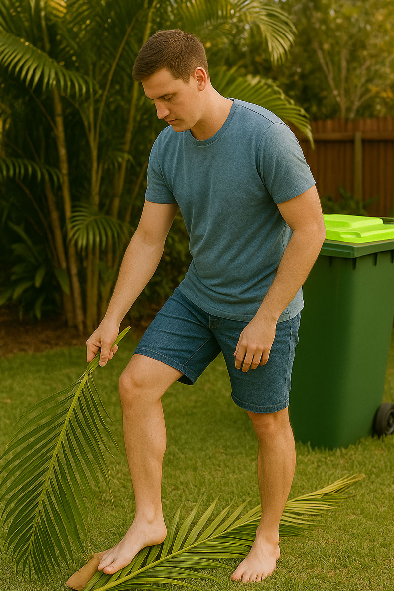Man putting garden waste into a green waste bin