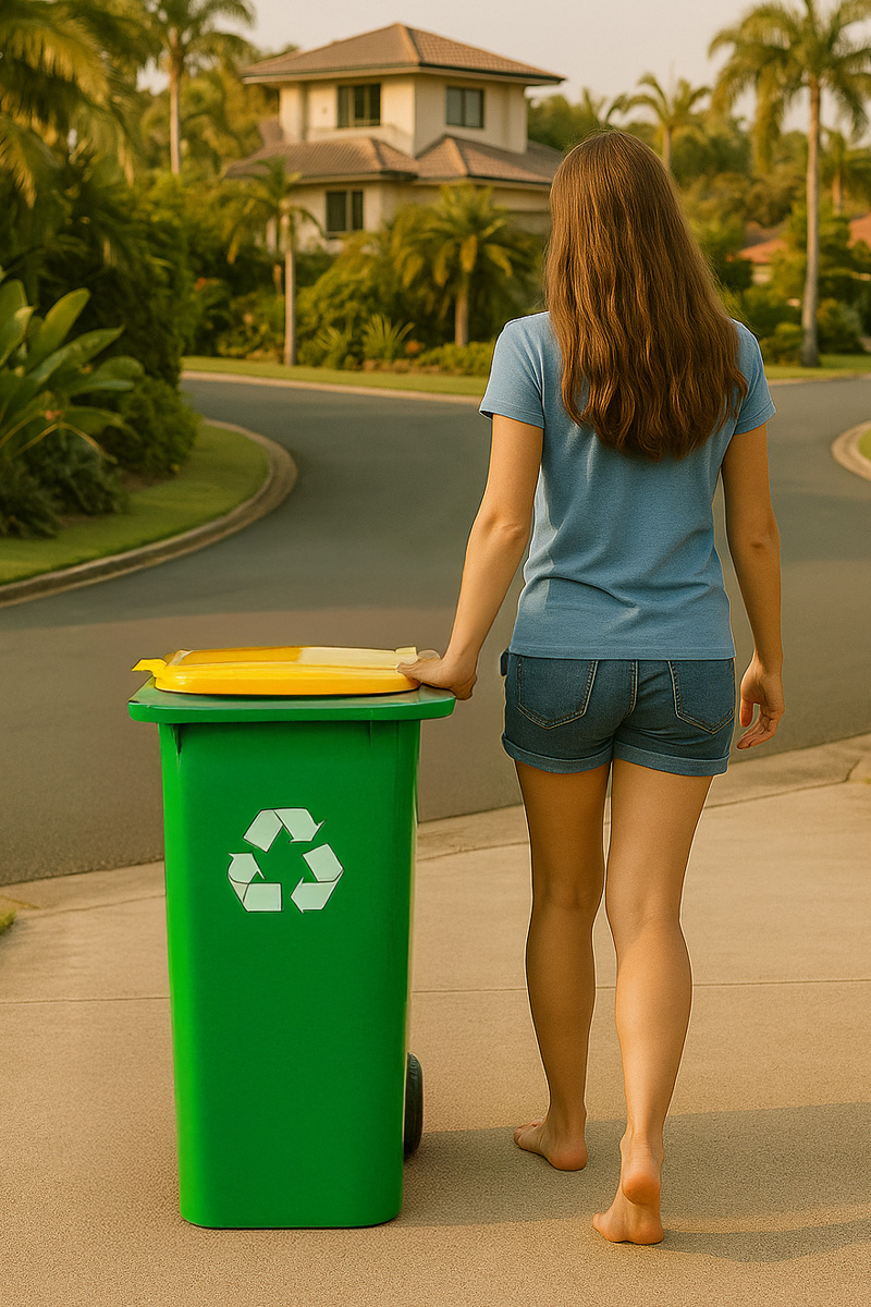 Woman taking out the bin to the street for collection