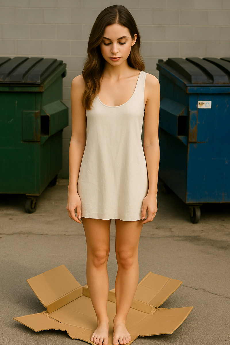 Woman kicking out a box with her feet so it can be flattened and recycled