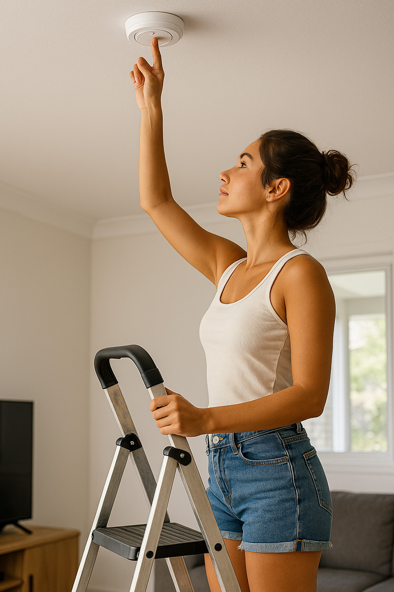 Person pressing the test button on a smoke alarm at home